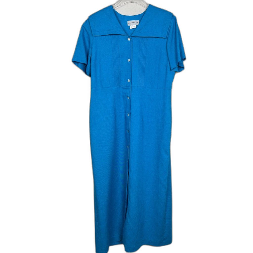 Vintage 80s Linen Dress Sailor Neckline Midi Blue Short Sleeve Sz 14
